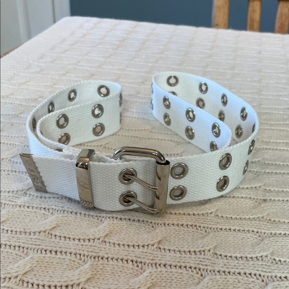 None Accessories - 36-42” white belt. Cotton woven metal grommets moto biker motorcycle silver tone